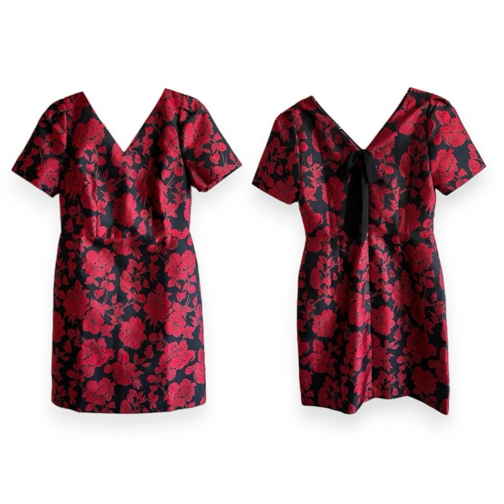 Talbots Back Bow Floral Jacquard A-Line Dress Size 10 NWT Red Black